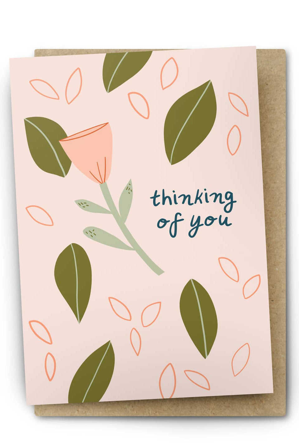 Greeting card with floral design and 'thinking of you' text on a white background