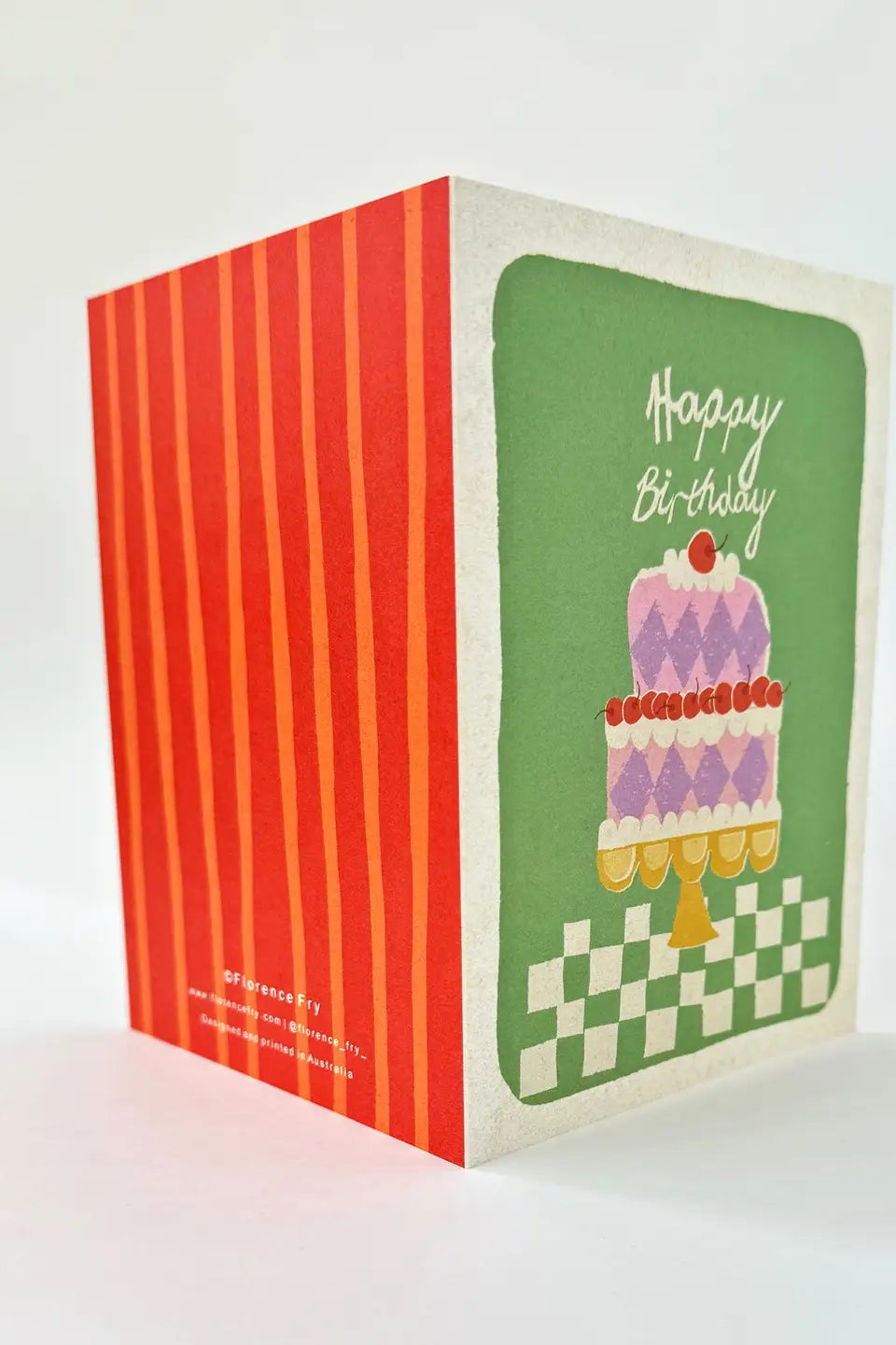 Greeting card with a colorful cake illustration and 'Happy Birthday' text on a green background.
