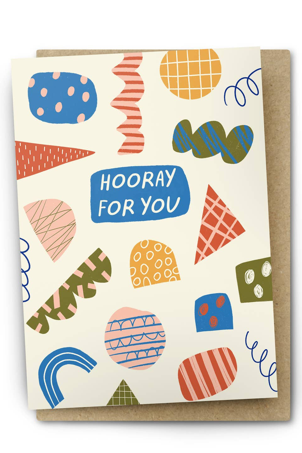 Greeting card with colorful geometric shapes and 'Hooray For You' text on a white background