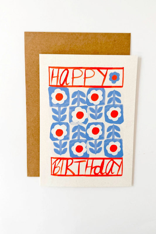 Blue Flowers Quilt Happy Birthday Card