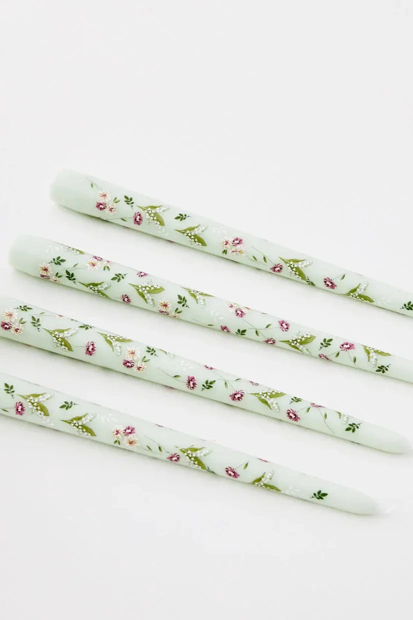 Green Floral Taper Candle