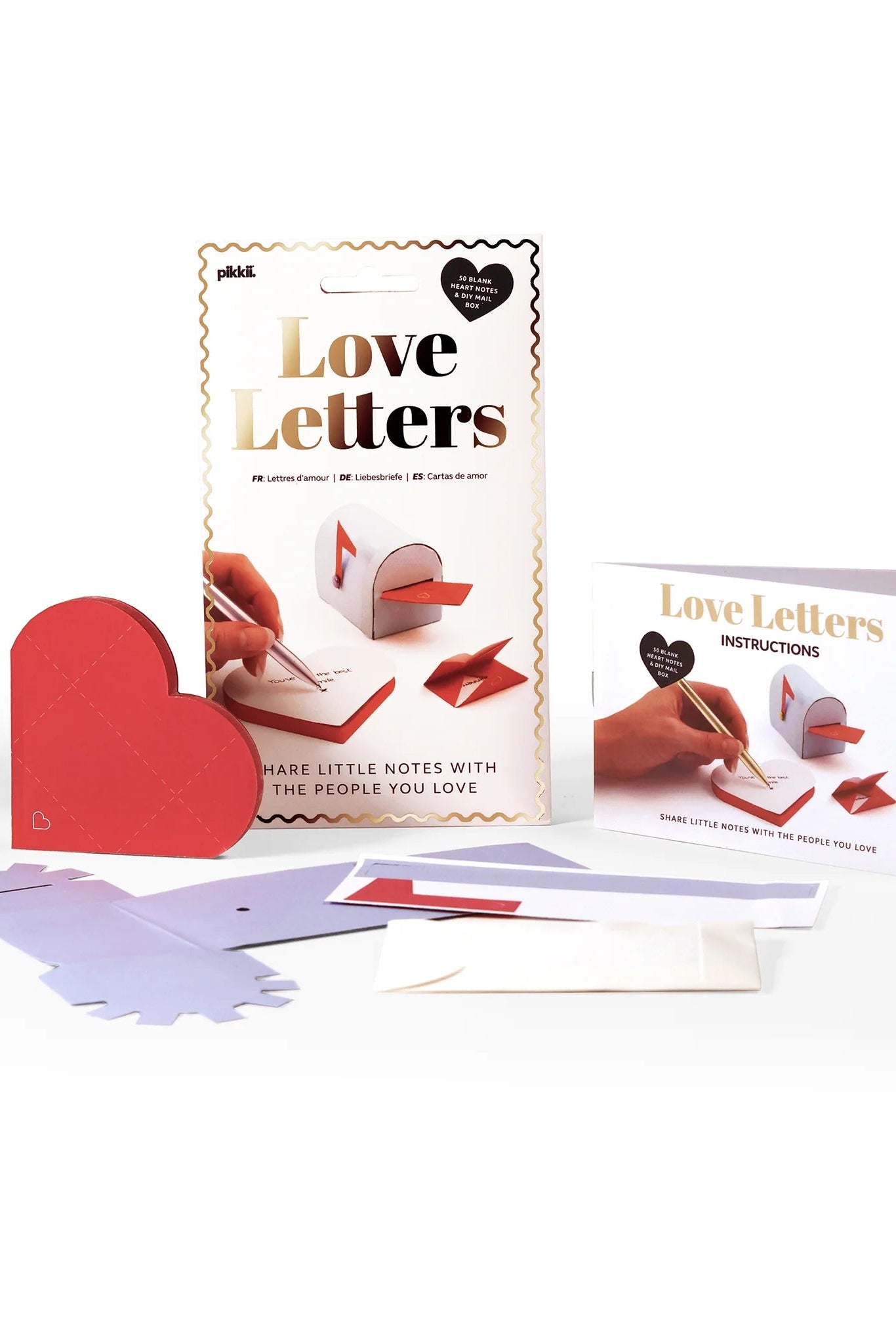 Love Letters packaging with heart-shaped card and instructions on a white background