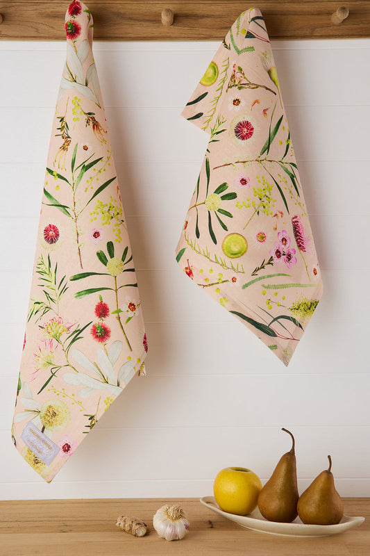 Linen Tea Towel - Australian Flora Peach