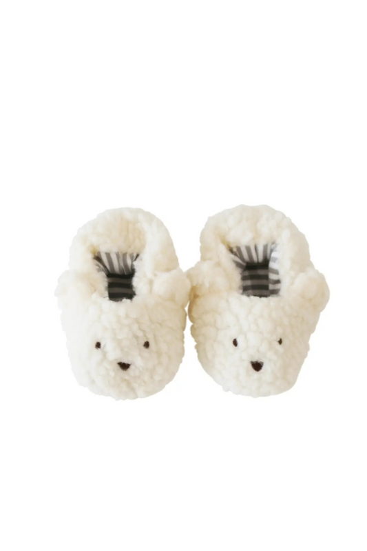 Pair of white slippers with bear faces on a white background