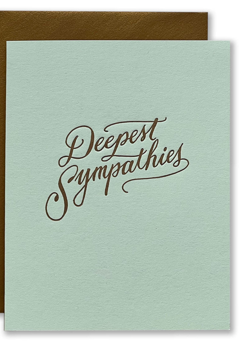 Card with 'Deepest Sympathies' text on a light green background with a brown envelope.